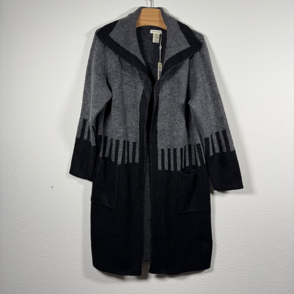 NWT Max Studio Cardigan Sweater Women M Gray Black Colorblock Longline